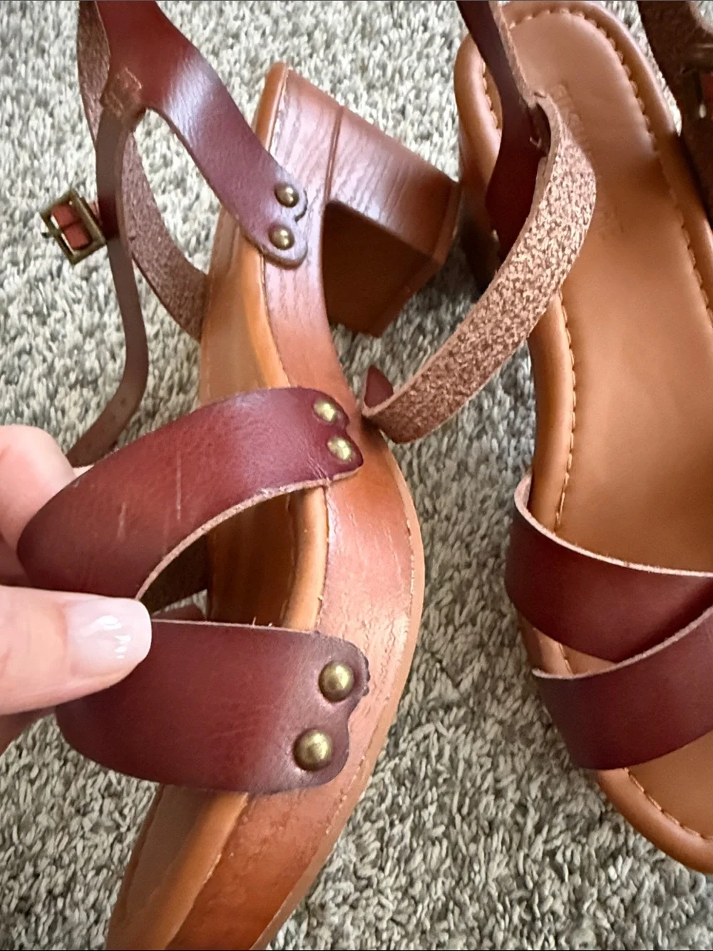 Women's Cognac Leather Wedge Sandals with Ankle Strap
